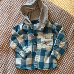 Zara Blue and Cream Plaid Hooded Shirt